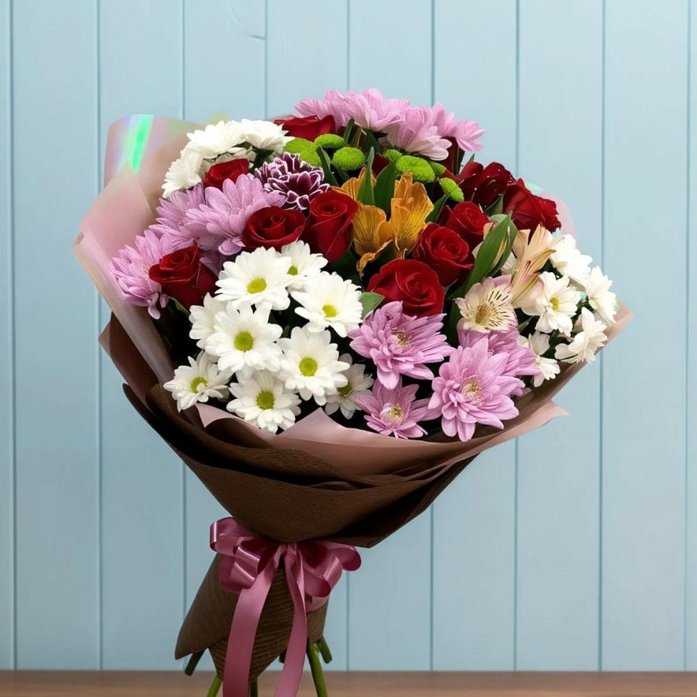 Букет цветов из: Розы, Хризантемы и Альстромерии в Городище Пензенской области